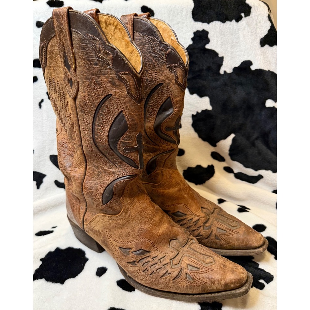 JB Dillon Mens Brown Leather Cross Inlay Western Cowboy Boots 10 D JBM2218